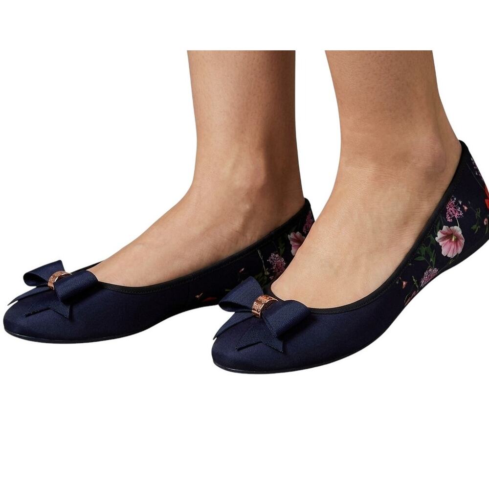 Ted Baker Sualli Ballet Flats Dark Blue Floral Bow Women's Shoes US 10 Pump